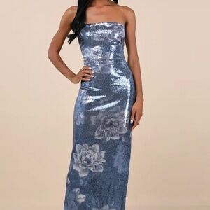 Lulu's Silver-Blue Strapless Sequin Floral Maxi Dress